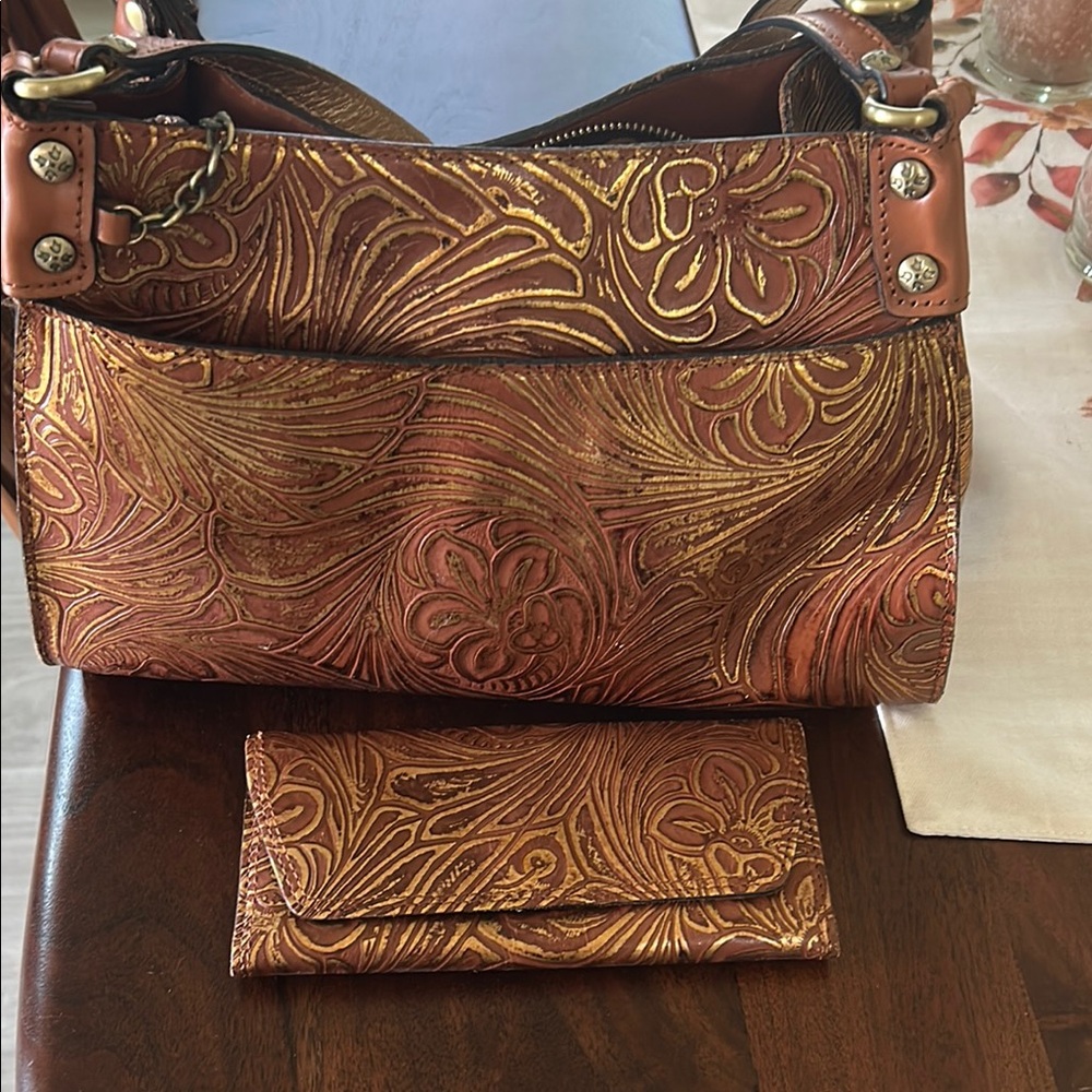 Patricia Nash Brown and Gold Embossed Shoulder Bag